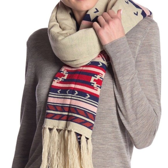 NEW Woolrich Indian Tribal Motif Fringe Saddle Blanket Look Winter Scarf - Picture 1 of 5